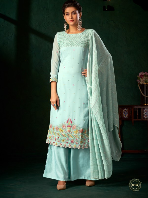 Viscose Georgette  Fabrics Party Wear Suit In Blue Color With Embroidery Work
