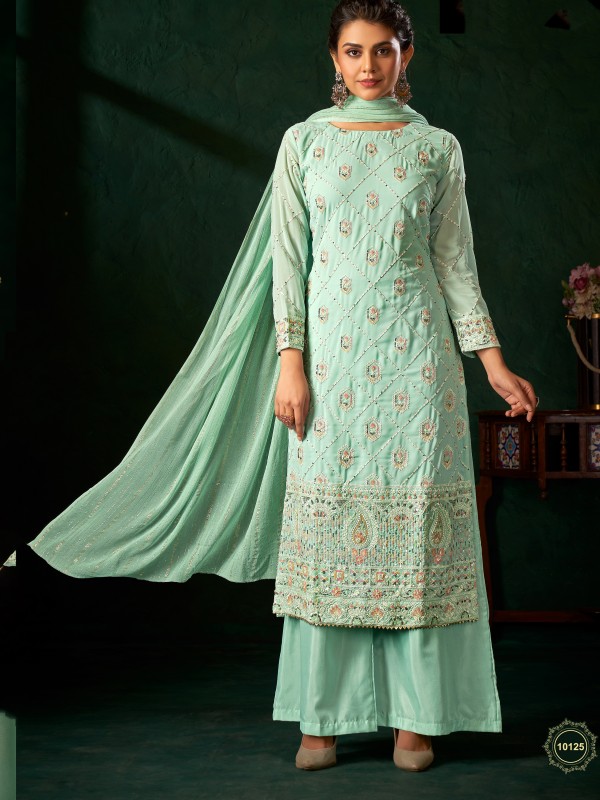 Viscose Georgette  Fabrics Party Wear Suit In Sea Green Color With Embroidery Work