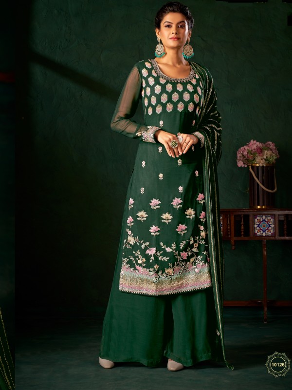 Viscose Georgette  Fabrics Party Wear Suit In Green Color With Embroidery Work