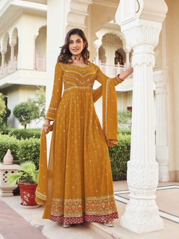 Real Georgette Party Wear Gown Yellow Color with  Embroidery Work