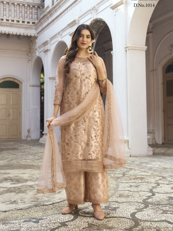 Butterfly Net Fabrics Party Wear Suit In Beige Color With Embroidery Work