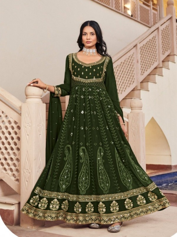 Real Georgette Party Wear Gown Green Color with  Embroidery Work