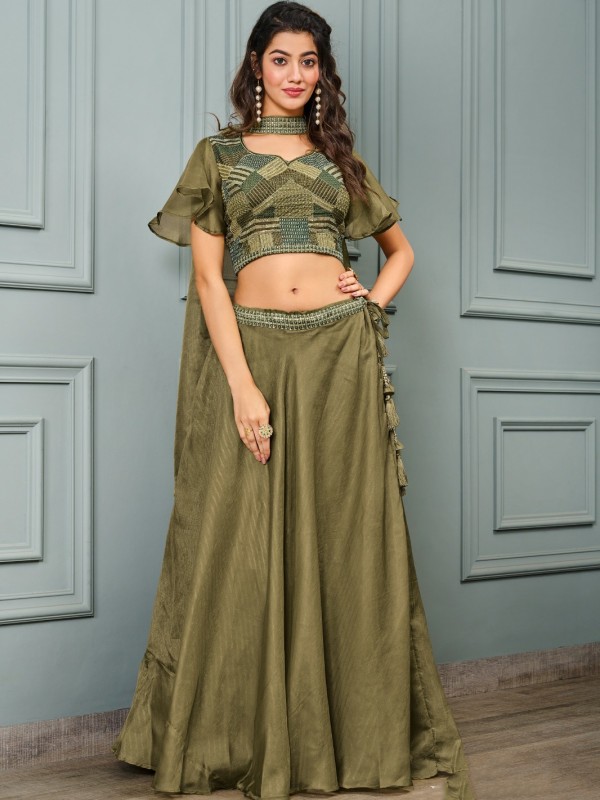 Tissue Party Wear Crop Top  In Green  color With Embroidery Work 