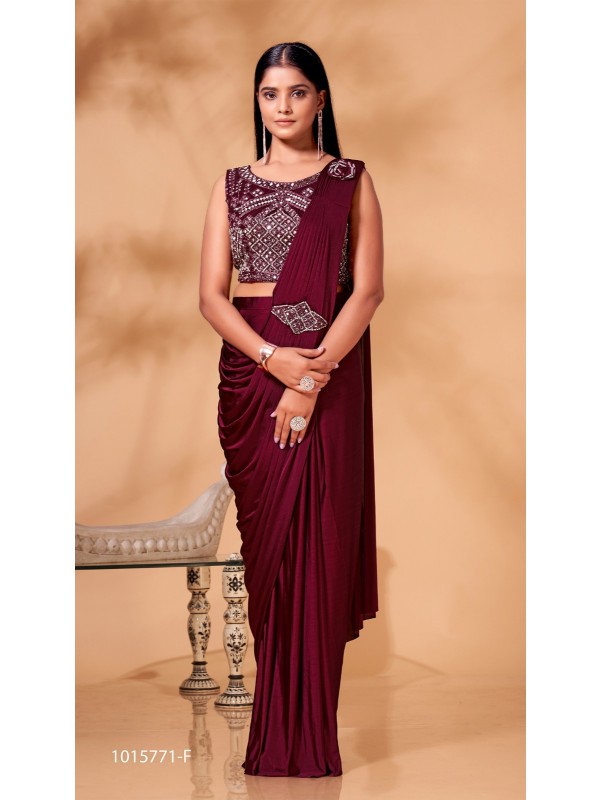 Laycra  Fabric Party Wear  Saree In Wine Color With Embroidery Work