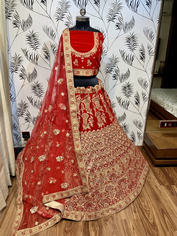 Pure Micro Velvet Bridal Wear Lehenga In Red Color With Embroidery Work & Stone Work Hand work, 