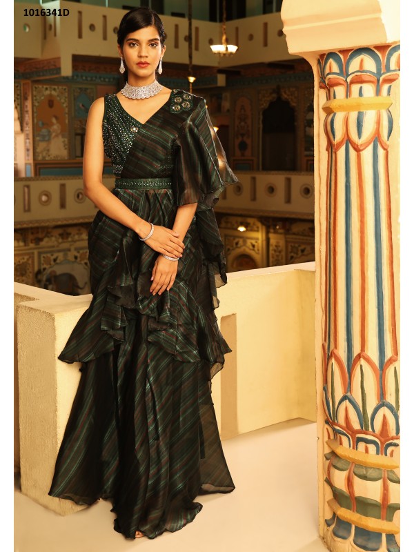 Organza Silk Fabric Party Wear  Saree In Green Color With Embroidery Work