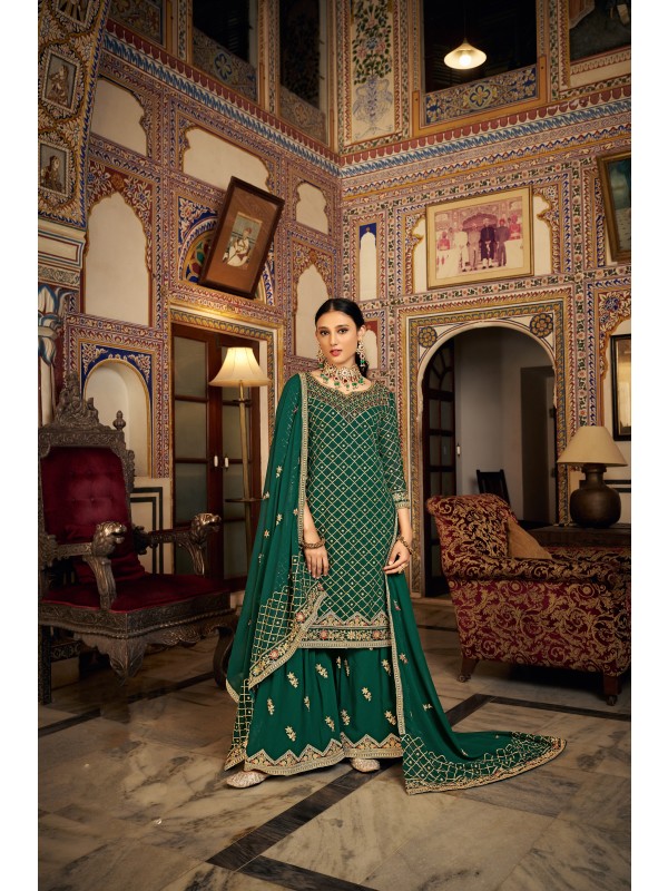 Heavy Chinon  Party Wear  Sharara in Green Color with  Embroidery Work