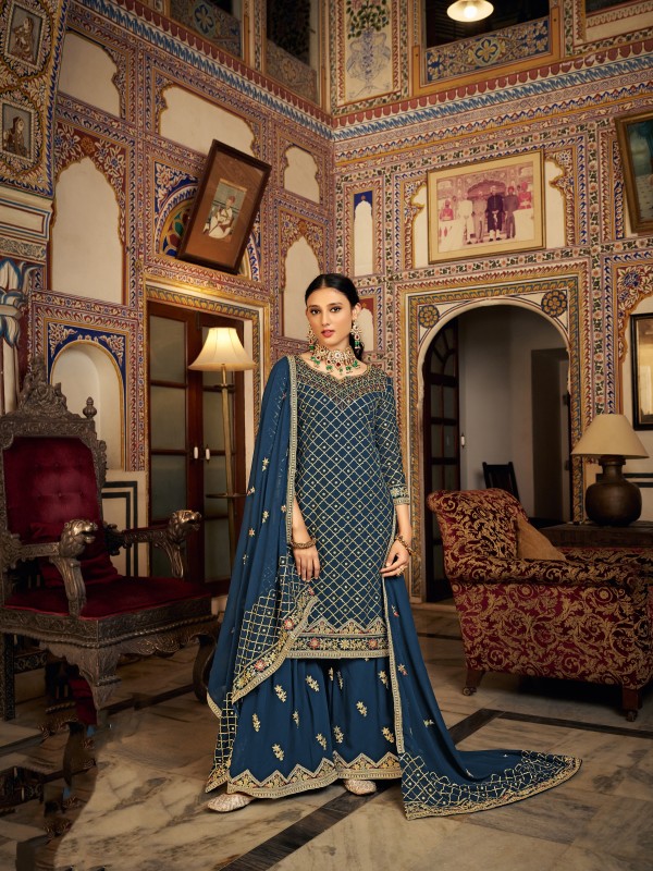 Heavy Chinon  Party Wear  Sharara in Teal Blue Color with  Embroidery Work