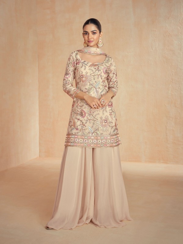 Premium Chinnon Silk Party Wear Sharara Cream Color with Embroidery Work