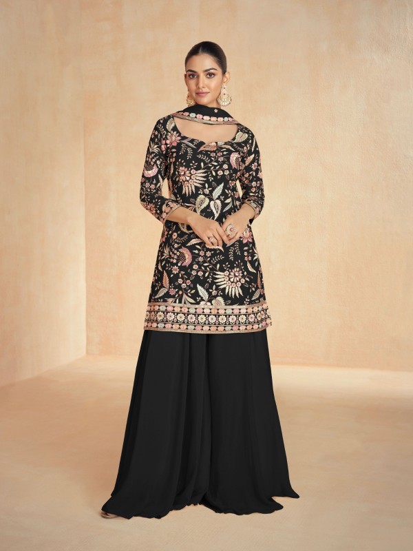 Premium Chinnon Silk Party Wear Sharara Black Color with Embroidery Work