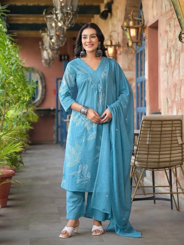 Cotton Silk Party Wear Suit In Sky Blue Color With Embroidery work  