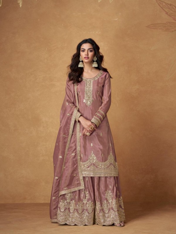 Organza Simar Silk Party Wear Sharara Light Pink Color with Embroidery Work