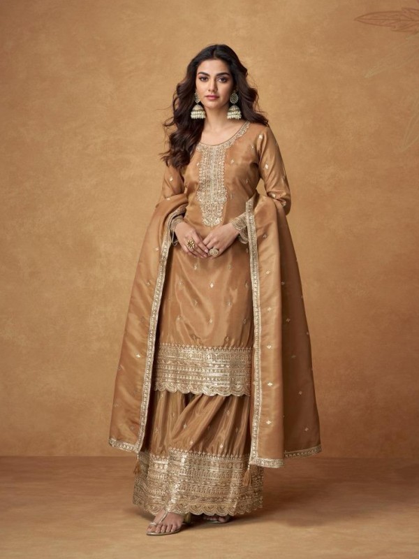 Organza Simar Silk Party Wear Sharara Mustard Color with Embroidery Work