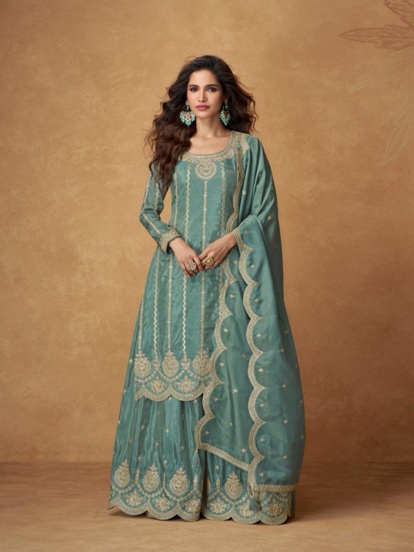 Organza Simar Silk Party Wear Sharara Turquoise Color with Embroidery Work