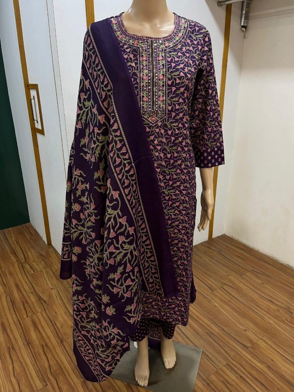 Cotton Silk Party Wear Suit In Purple Color With Embroidery work  