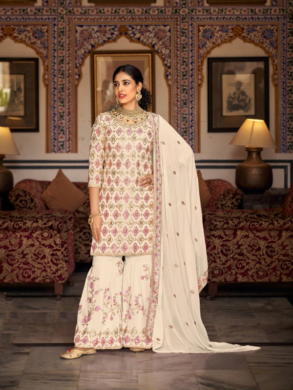 Pure Georgette  Party Wear  Sharara in Off White Color with  Embroidery Work