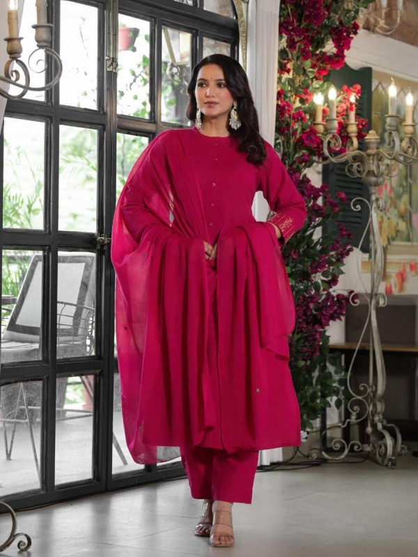 Cotton Silk Party Wear Suit In Pink Color With Embroidery work  