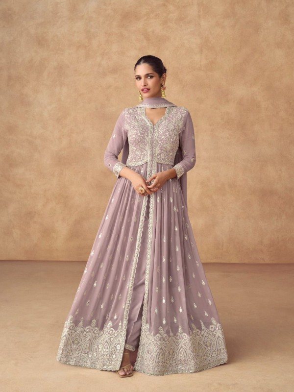 Real Georgette Silk Party Wear Anarkali Suit In Light Purple Color with Embroidery Work
