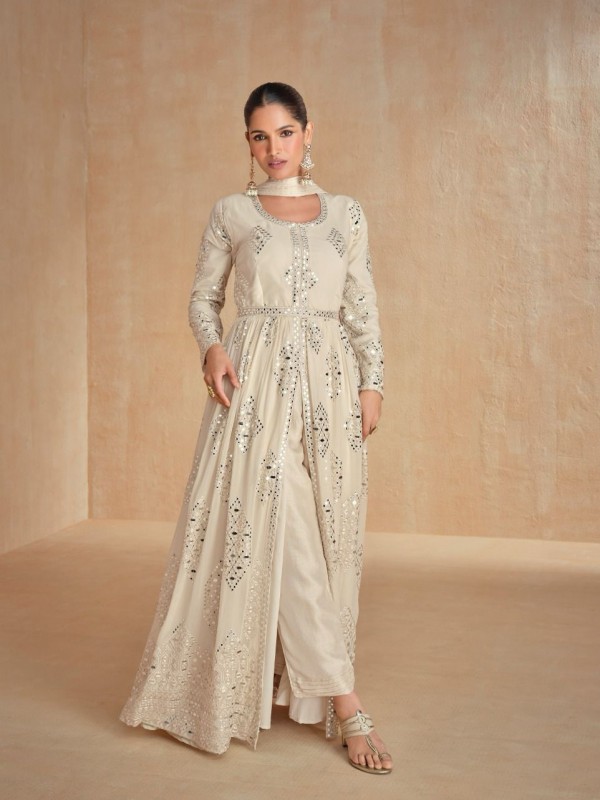 Real Georgette Silk Party Wear Anarkali Suit In Off White Color with Embroidery Work