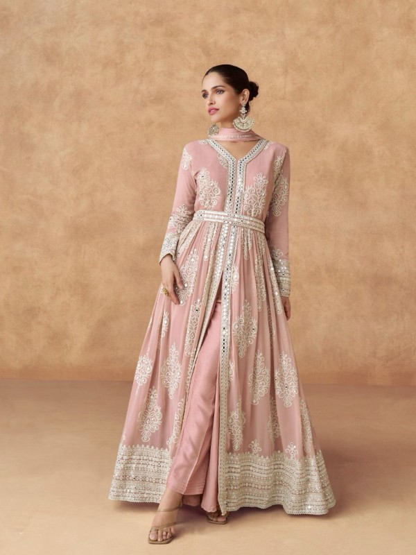 Real Georgette Silk Party Wear Anarkali Suit In Peach Color with Embroidery Work