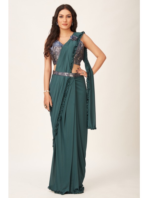 Imported  Fabric Party Wear  Saree In Teal Blue Color With Embroidery Work