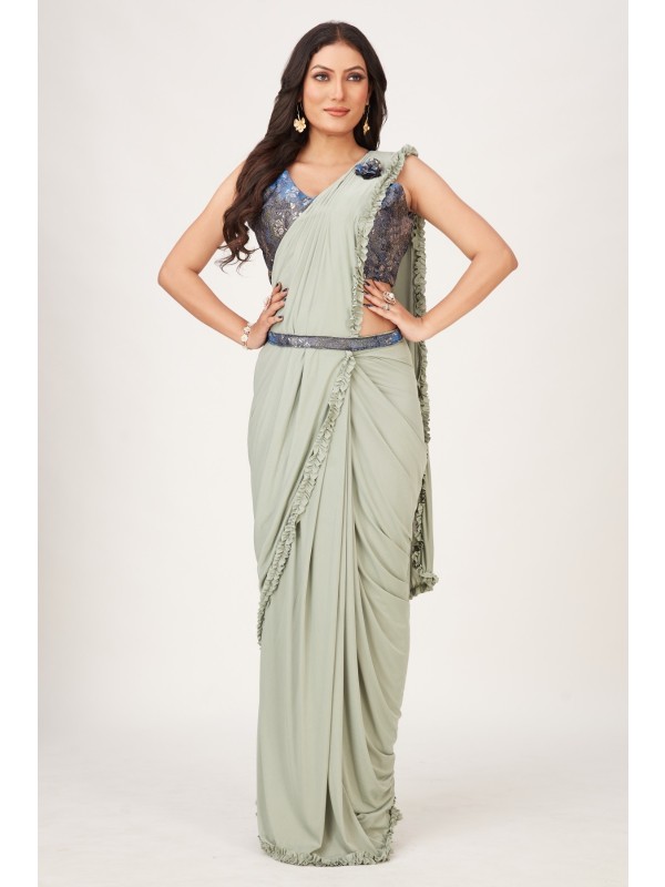Imported  Fabric Party Wear  Saree In Light Green  Color With Embroidery Work