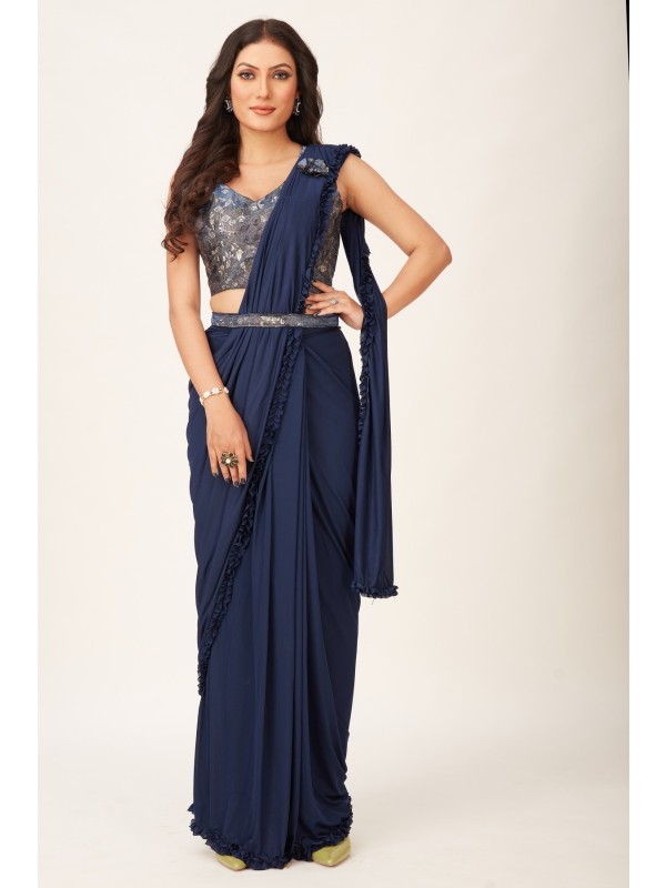 Imported  Fabric Party Wear  Saree In  Blue Color With Embroidery Work