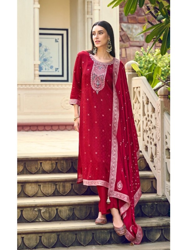 Pure Viscose Fabric Party Wear Suit In Red Pink Color With Handwork