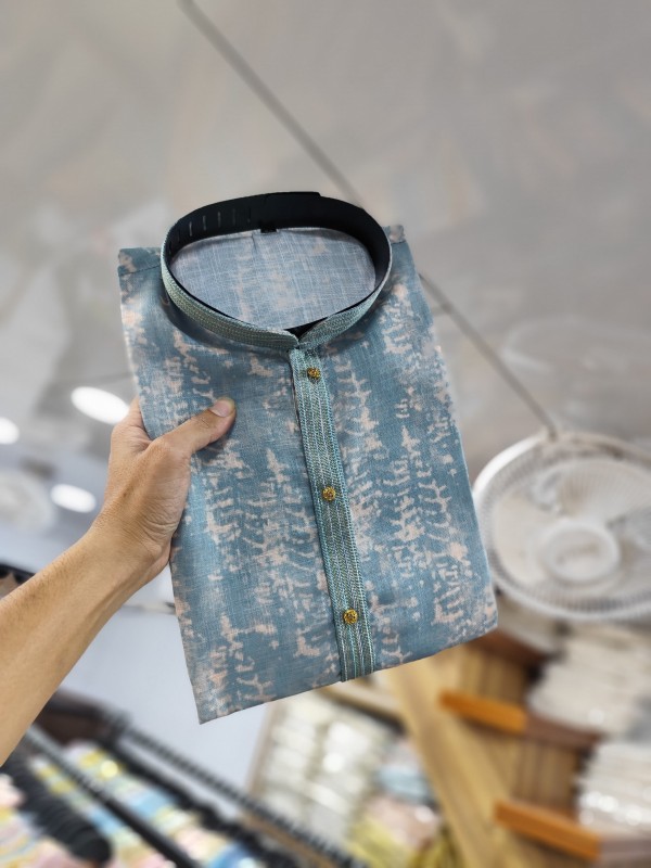 Lenin Silk Kurta set in Sky Blue Color with Digital Print 