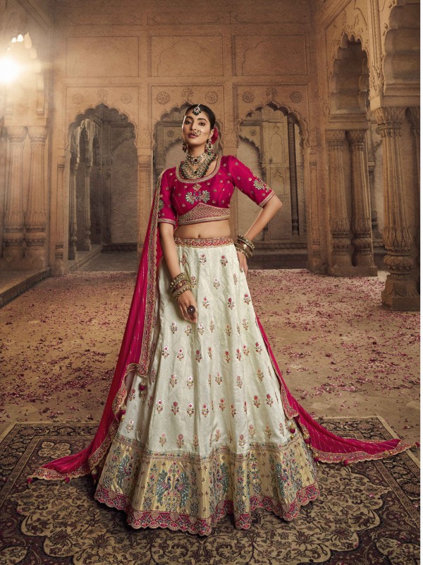 Viscose Silk  Wedding Wear Lehenga In White Color  With Embroidery Work