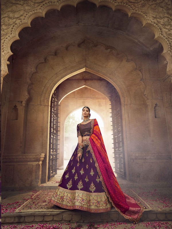 Viscose Silk  Wedding Wear Lehenga In Purple Color  With Embroidery Work