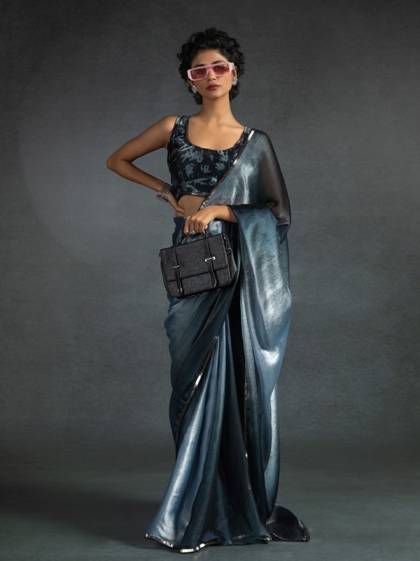 Pure Satin Silk Ready to wear Saree In Grey Color 