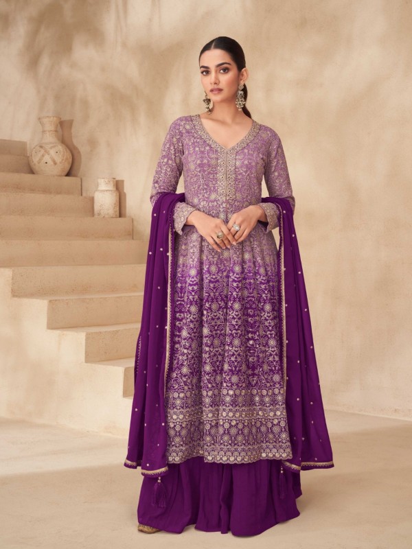 Real Georgette Silk Party Wear Sharara Purple Color with Embroidery Work