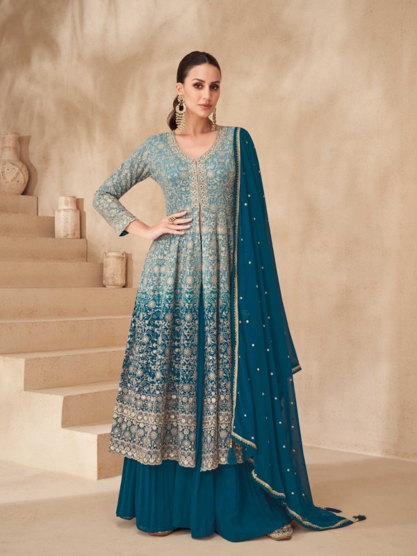 Real Georgette Silk Party Wear Sharara Tela Blue Color with Embroidery Work