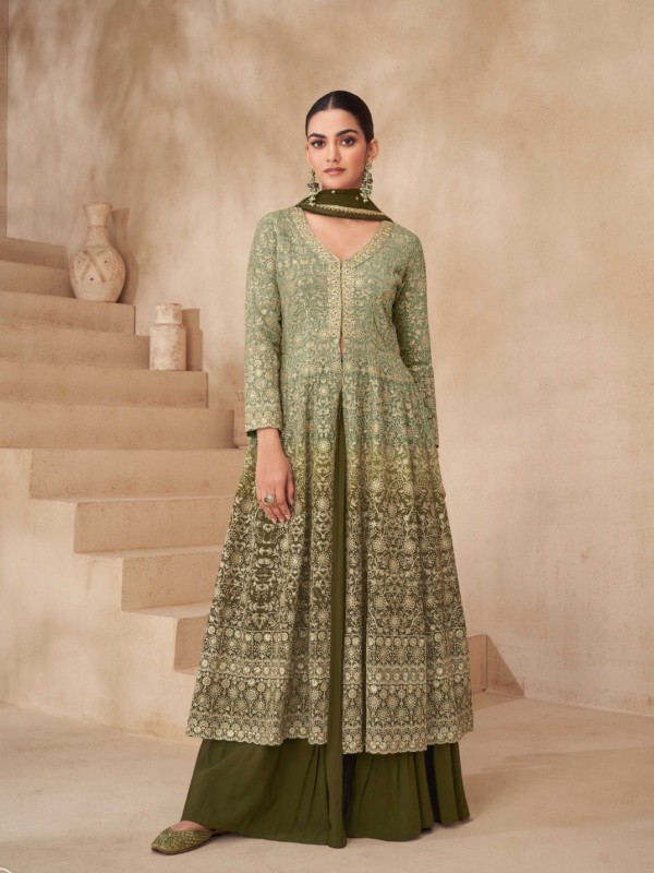 Real Georgette Silk Party Wear Sharara Mahendi Green Color with Embroidery Work