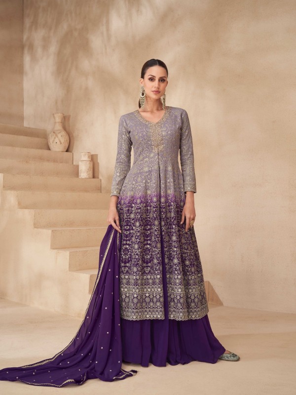 Real Georgette Silk Party Wear Sharara Purple Color with Embroidery Work