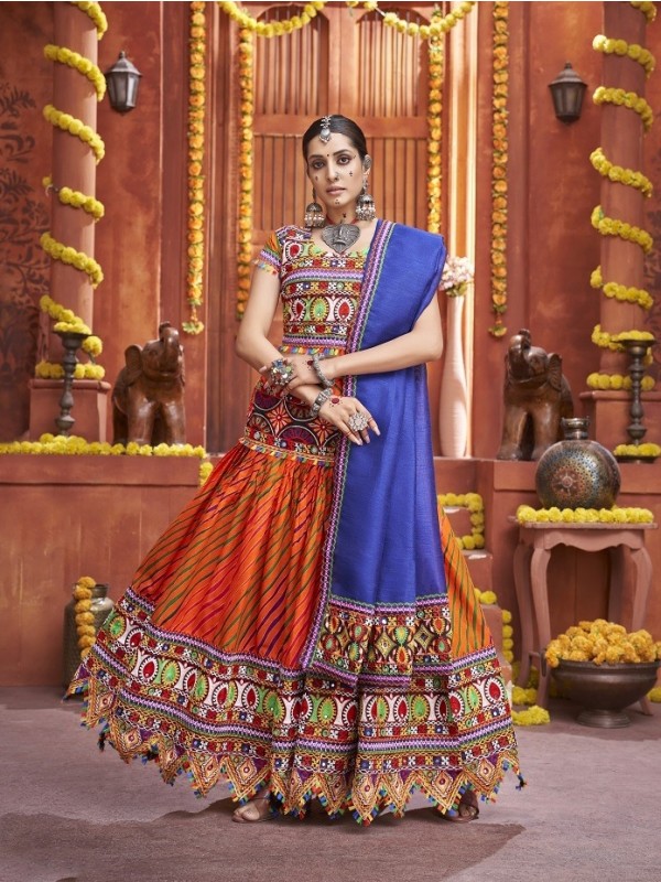 Pure Cotton Silk fabric Lehenga In Orange Color With laheriya Work & Gamthi Work 