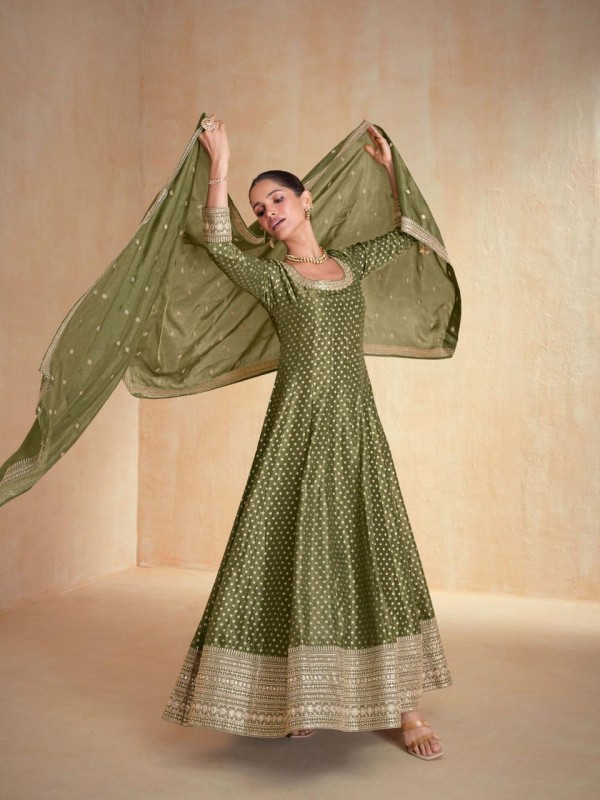 Pure Organza Jacquard Silk Party Wear Gown Mahendi Green Color with Embroidery Work