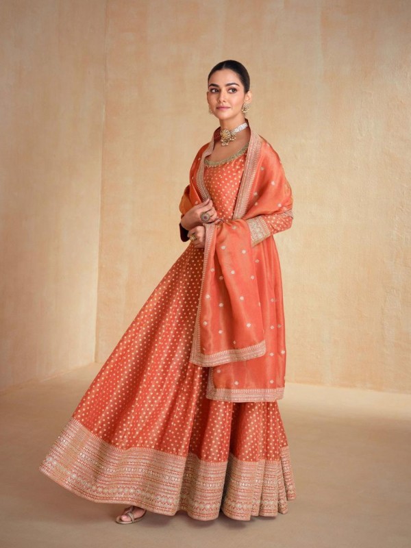 Pure Organza Jacquard Silk Party Wear Gown Orange Color with Embroidery Work