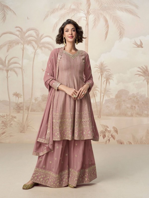 Real Georgette Fabric Party Wear Sharara Peach Color with Embroidery Work