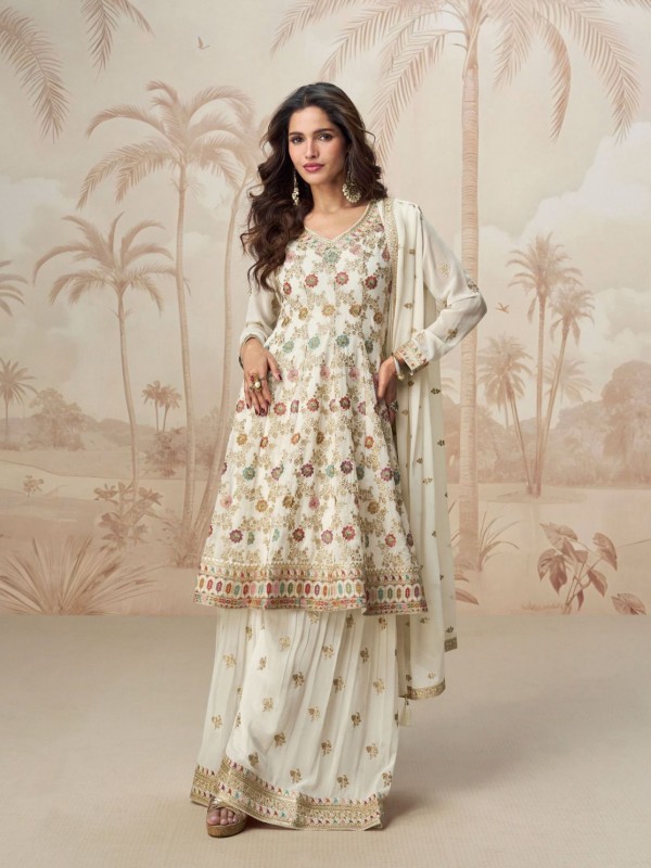 Real Georgette Fabric Party Wear Sharara Off White Color with Embroidery Work