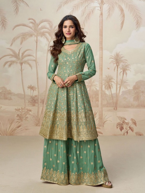 Real Georgette Fabric Party Wear Sharara Lime Color with Embroidery Work