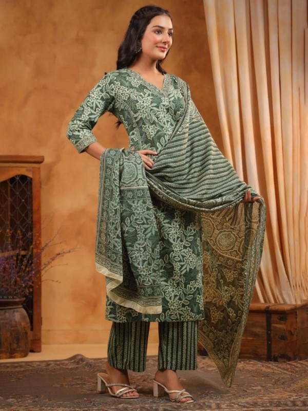 Cotton Silk Party Wear Suit In Green Color With Embroidery work  