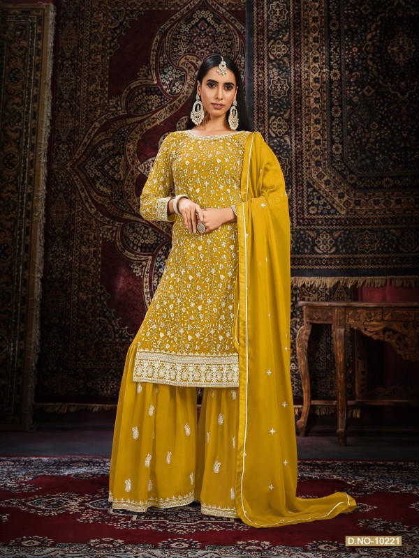 Pure Georgette  Party Wear  Sharara in Yellow Color with  Embroidery Work