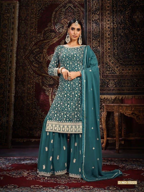 Pure Georgette  Party Wear  Sharara in Teal Blue Color with  Embroidery Work
