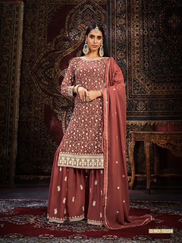 Pure Georgette  Party Wear  Sharara in Brick Color with  Embroidery Work