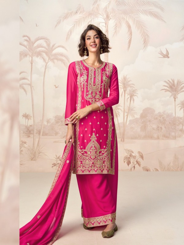Premium Real Chinon Silk Readymade Party Wear Sharara In Pink Color with Embroidery Work
