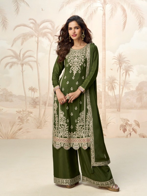 Premium Real Chinon Silk Readymade Party Wear Green In Pink Color with Embroidery Work