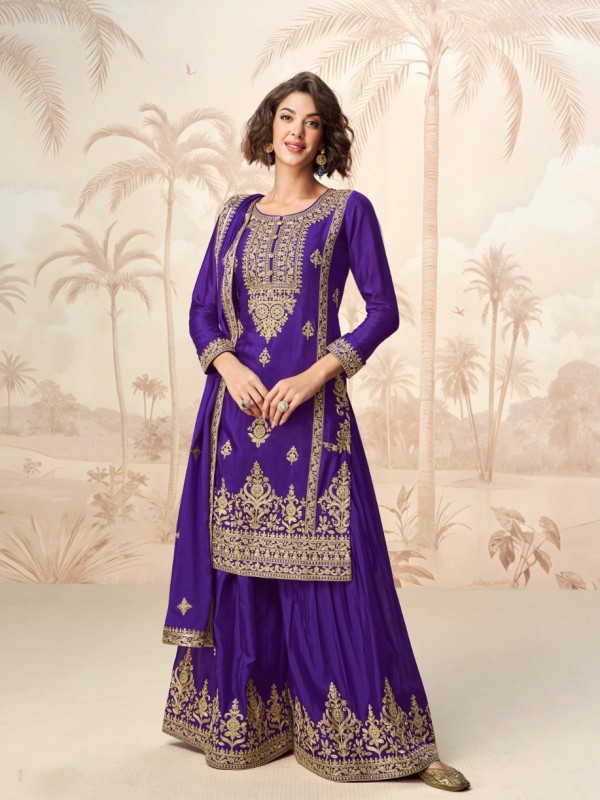 Premium Real Chinon Silk Readymade Party Wear Green In Purple Color with Embroidery Work