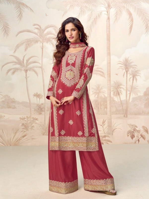Premium Real Chinon Silk Readymade Party Wear Green In Red Color with Embroidery Work